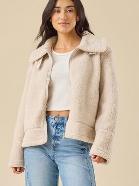 Altar'd State Cream Teddy Sherpa Zip Jacket